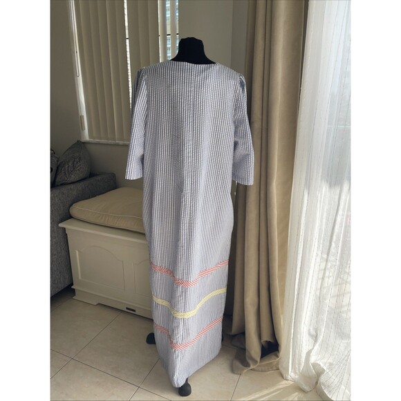 Saybury 70’s Vintage Seersucker Maxi Dress Blue Yellow Red Stripe Womens Size L - Picture 3 of 7
